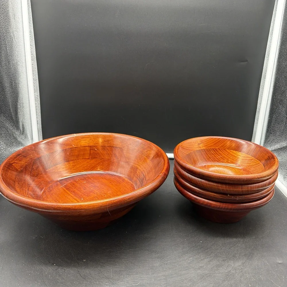 VTG Judie Pomerantz Wooden Salad Bowl Set 5 PCS  Large Bowl, 4 Salad